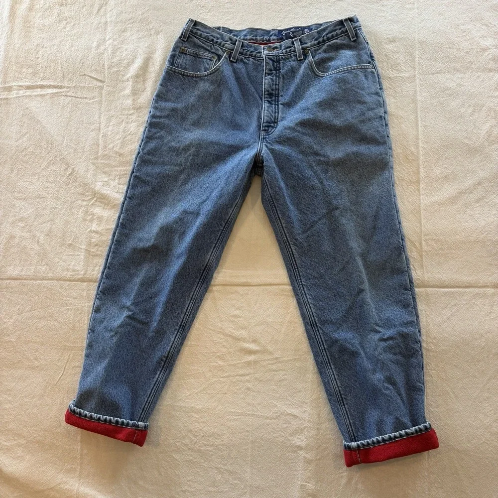 Eddie Bauer USA Made Red Fleece Lined Tapered Jeans Mens 34x29 Denim Relaxed
